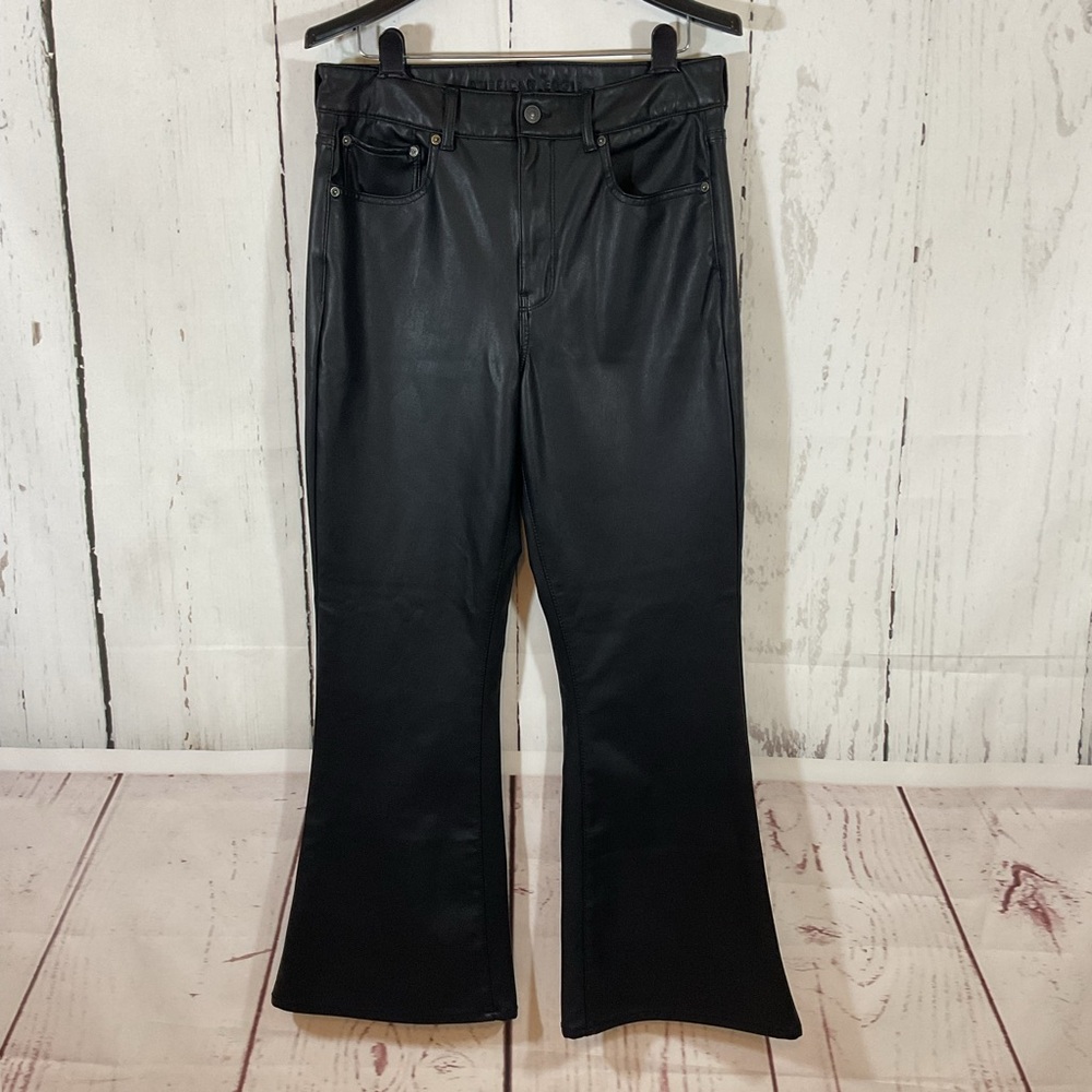 American Eagle Faux Leather Pants Women 14 Black Super Hi Rise Flare Biker Goth